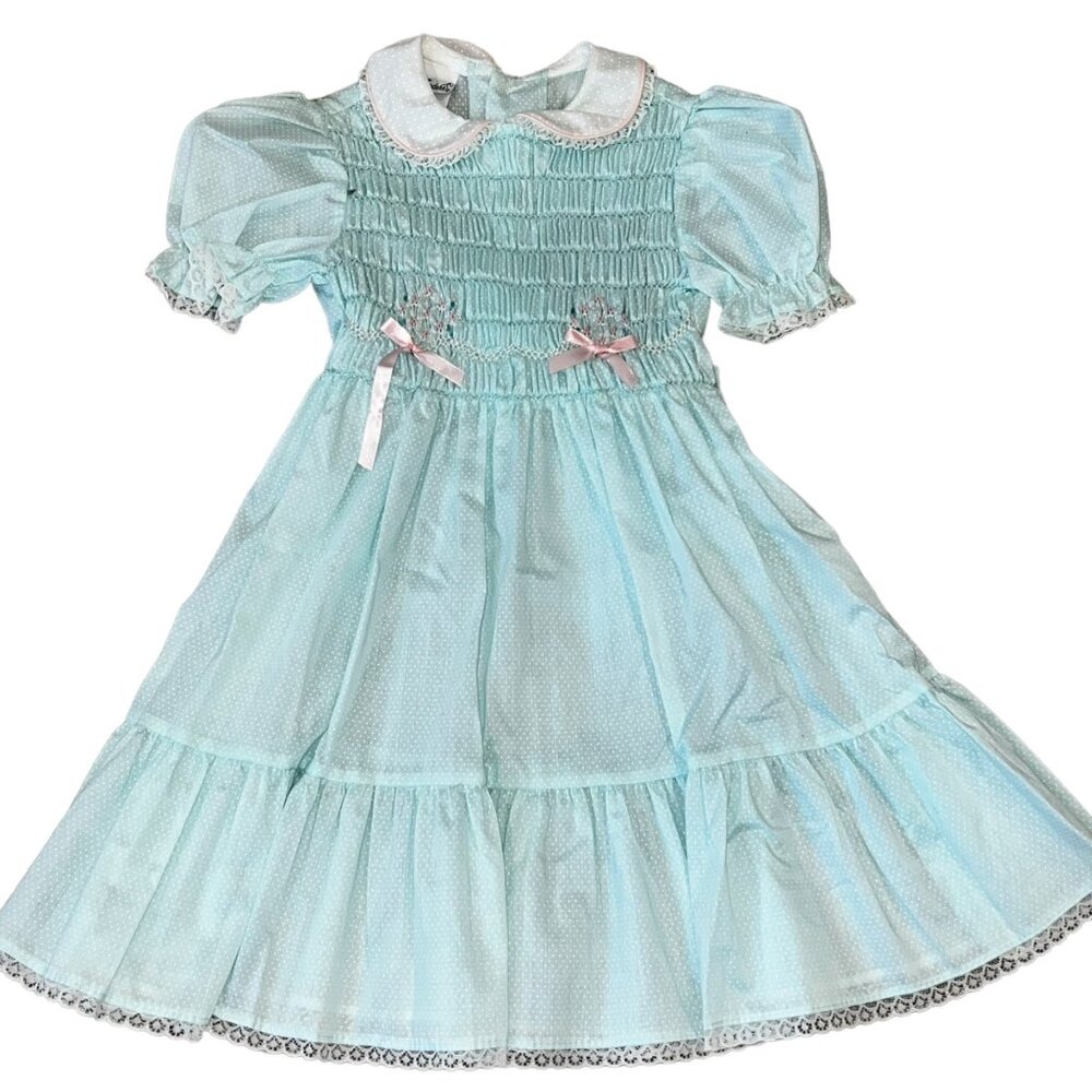 Polly Finders Vintage Hand Smocked Aqua Blue Polka Dot Lace Collar Dress Size 6